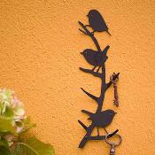 Patère murale 4 crochets "Oiseaux du jardin" en métal noir