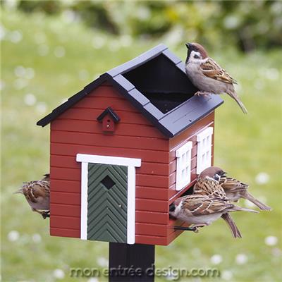 Mangeoire Oiseaux avec Abreuvoir Maison Rouge